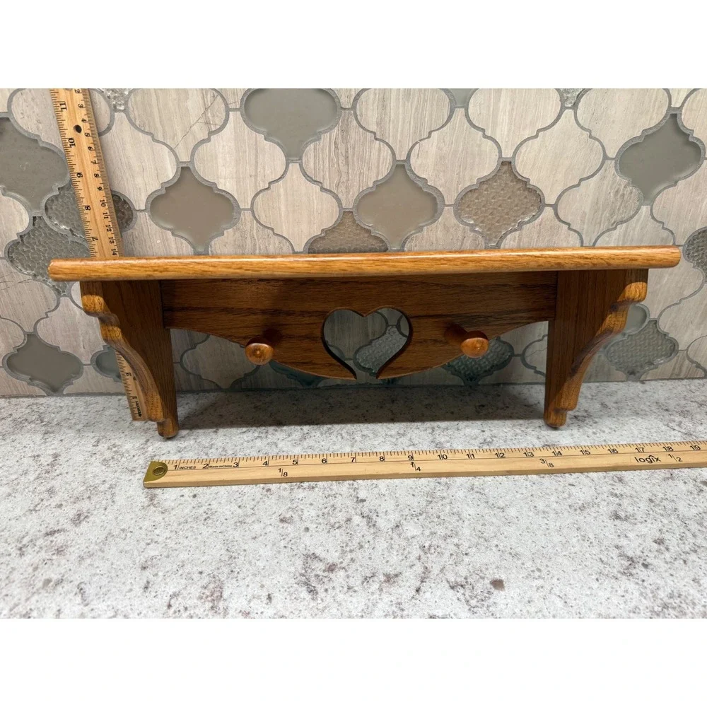 Vintage Oak Wood Wall Shelf Heart Cutout Floating Display Pegs Country Decor